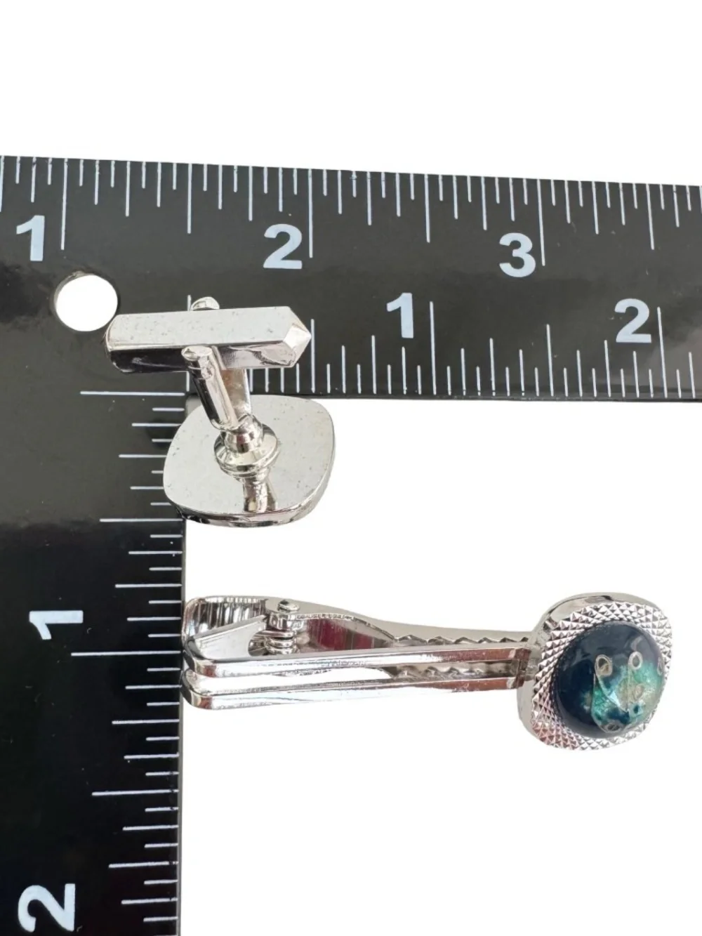 Vintage Japanese Cloisonne Cufflinks Tie Clip Set Blue Green Enamel Formal Groom
